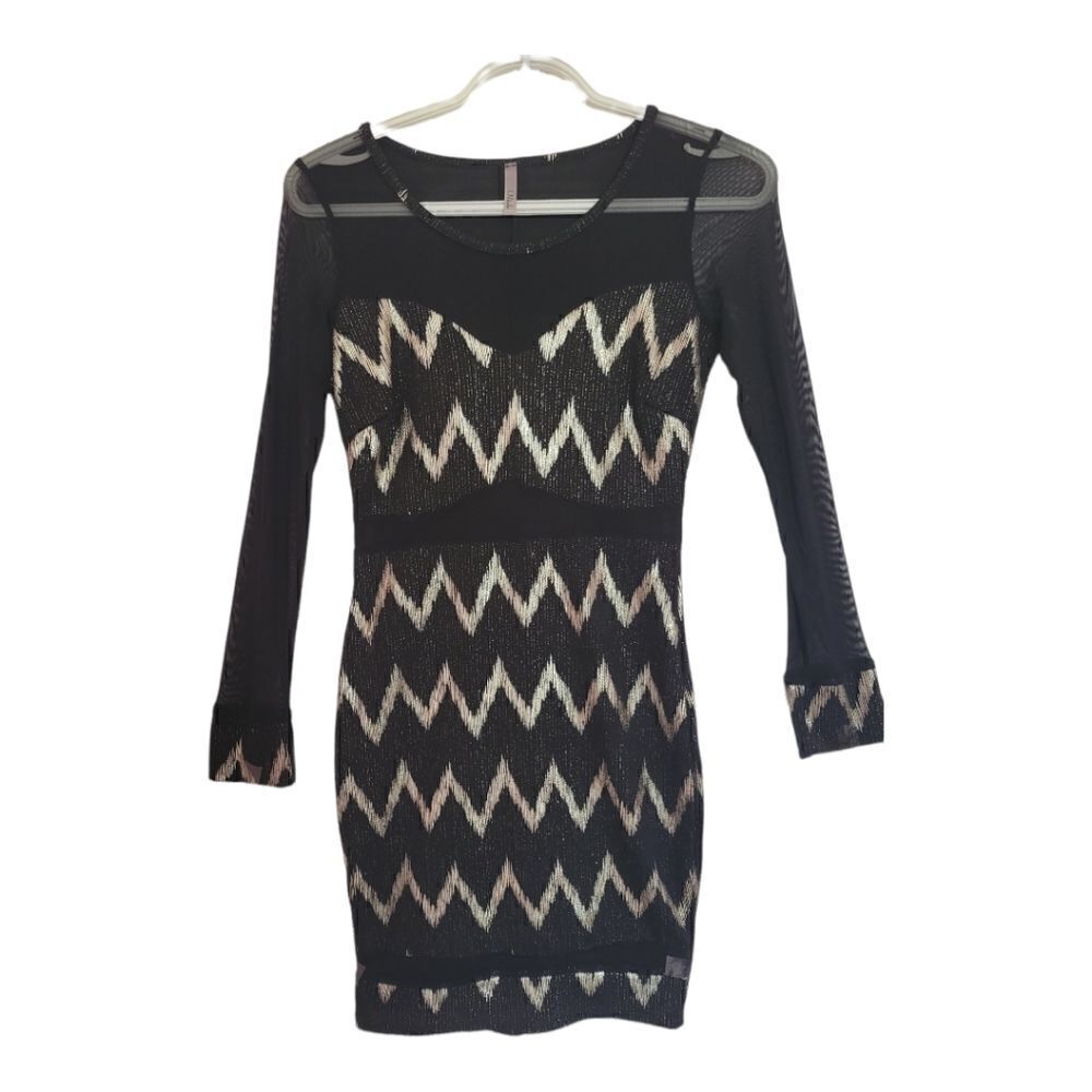 OLINDA Gold and Black Geometric  Mesh Dress - Small